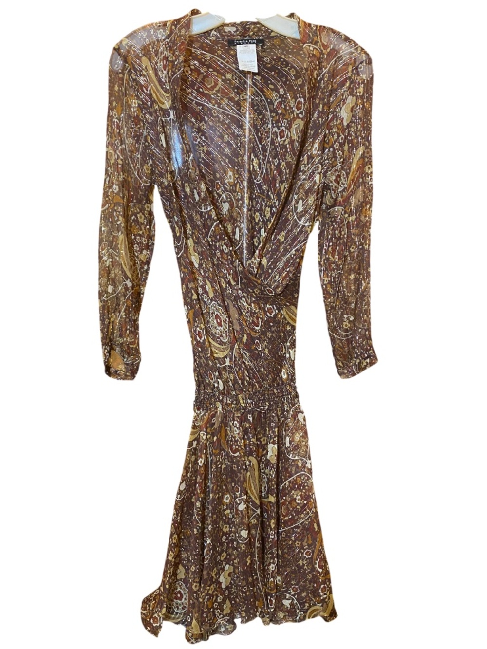 Y2K Patrizia Pepe Metallic Gold Paisley 100% Silk Smocked Mini Dress IT 42 US 6